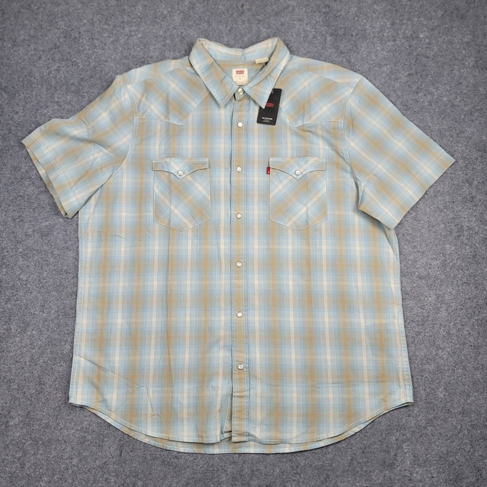 Levi's The Western Shirt Mens XL Blue Plaid Short Sleeve Pearl Snap